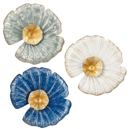 11.8" Metal Wall Decor Pack of 3, Floral Wall Art Decor Wall Sculptures Modern Accent, Wall Hanging Decorations for Home Office Dining Room Bedroom Living Room Blue Kitchen Wall Decor, White and Gold - color: Blue and White