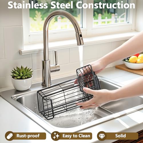 Kitchen Dish Soap Dispenser Set with Tray for Countertop Organizer, Black | 14OZ Glass Bottle with Rustproof 304 Stainless Steel Sponge Holder and Instant Dry Tray, Hand and Dish Soap Dispenser Set - color: Black + Dark Grey + Transparent