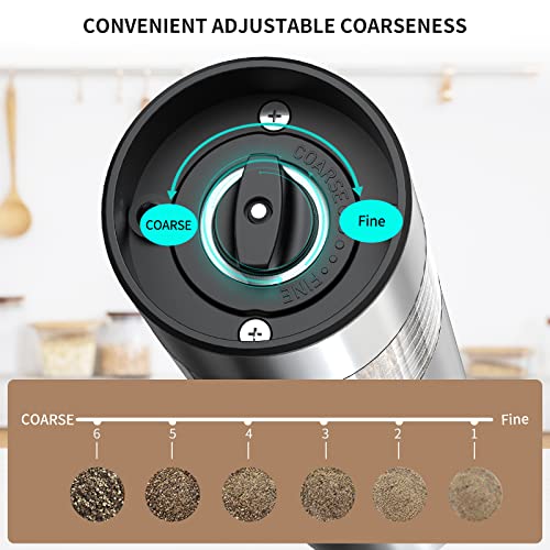 CIRCLE JOY Electric Salt and Pepper Grinder Set Stainless Steel Spice Grinder Automatic Pepper Mills with Easy-to-Carry Dual Charging Station, White Led Light, and Adjustable Coarseness, Silver - color: Upgrade Silver