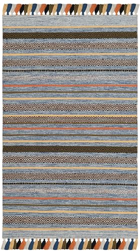 SAFAVIEH Montauk Collection Accent Rug - 3' x 5', Blue & Multi, Handmade Boho Stripe Fringe Cotton, Ideal for High Traffic Areas in Entryway, Living Room, Bedroom (MTK901C) - color: Blue/Multi, size: 3' x 5' (Rectangular)