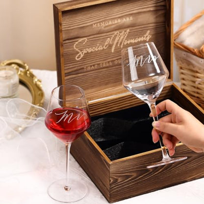 2026 Mr & Mrs Wine Glasses Gift Set with Memory Box,Wine Bag, Greeting Card – Engagement, Wedding & Newlywed Gifts for Couples, Just Engaged Gifts for Women - style: Mr & Mrs + Box + Bag & Card