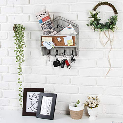 J JACKCUBE DESIGN Wall Mounted Rustic White Wash Mail and Key Holder, Wooden Floating Organizer with Mail Storage, 4 Key Holders and Pin Board for Entryway, Mud Room, Living Room, Office-MK623A