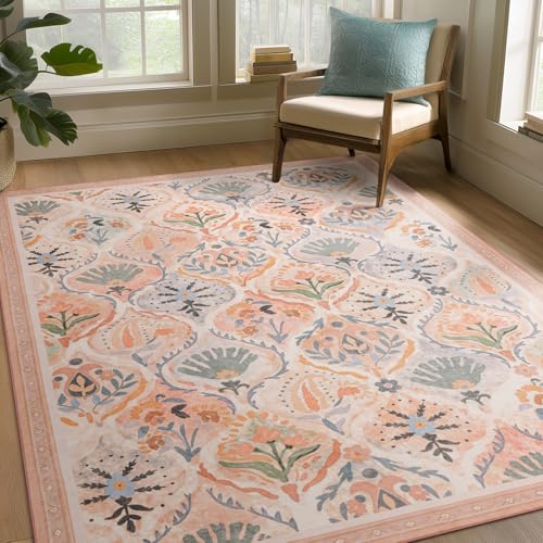 Ashler 5x7 Vintage Rug, Floral Area Rugs, Ultra-Thin Boho Tropical Rug, Vintage Large Rugs for Entryway, Kitchen, Flesh Pink/Beige, Moroccan Low-Pile Machine Washable Decoration - color: G-flesh Pink/Beige, size: 5' x 7' (Rectangular)