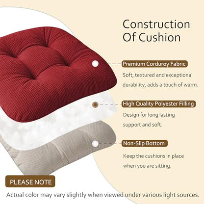 ELFJOY Dining Chair Cushions Set of 2 Non Slip 18"X18"X3" Red | Thick,Textured Fabric, with Ties, Tufted, Large, for Kitchen, Dining Room, Indoor, Bedroom, Living Room, Office, Comfortable - color: Red