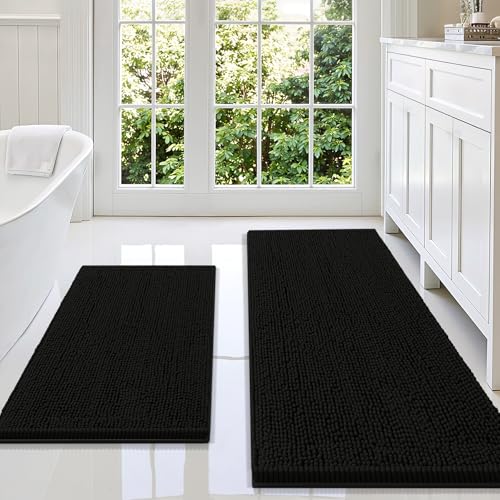 Smiry Chenille Bathroom Rugs Sets 2 Piece (59x20+30x20, Black) | Soft Absorbent Machine Washable Non Slip Shaggy Bath Rug Set for Tub, Shower, and Floor, Home Decor - color: Black, size: 59"X20"+30"X20"
