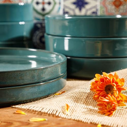 Two Time Oprah's Favorite Things Winner - Santorini Mist Double Bowl Terracotta Reactive Glaze Plates and Bowls Dinnerware Set - Jade Blue Green, Service for Four (16pcs) - color: Jade
