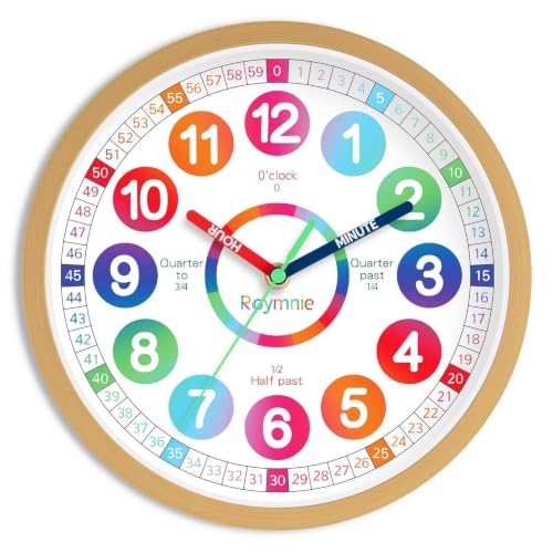 Roymnie Wall Clock for Kids Learning Battery Operated Teaching Silent 8" | Learning to Tell Time Easily Non Ticking Analog Colorful Teaching Time Clock Decorative for Kids Room Classroom School Modern - color: A_wood Color, size: 8 Inch