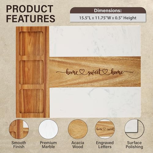 EMM Marble Cutting Board Set, Charcuterie Cheese Boards, 3 Bowls, 3 Spoons, 4 Charcuterie Utensils, Meat, Fruits, Vegetables, Housewarming, Wedding - Home Sweet Home - style: Marble-Home Sweet Home