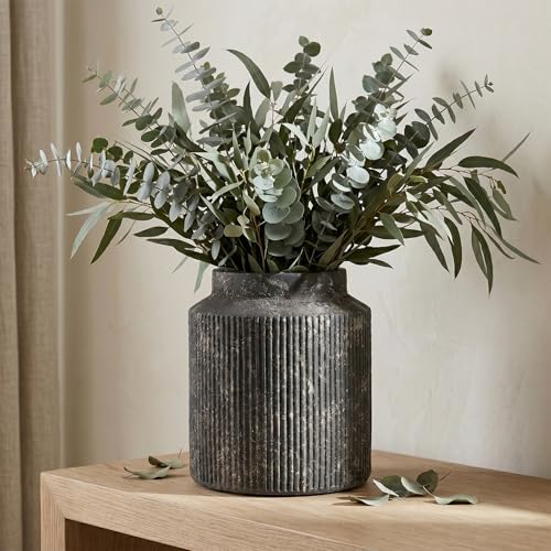 7" Rustic Black Ribbed Vase - Wabi Sabi Textured Ceramic Vase for Flowers | Vintage Fluted Decorative Vase for Farmhouse Home Decor, Entryway, Table Centerpiece