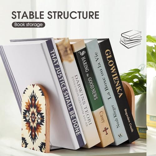 Native Geometric Pattern Southwestern Wooden Bookends Shelves 2 PCS Sturdy Book Holders Desktop Organizer for Home Office Libraries