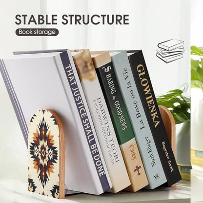 Native Geometric Pattern Southwestern Wooden Bookends Shelves 2 PCS Sturdy Book Holders Desktop Organizer for Home Office Libraries