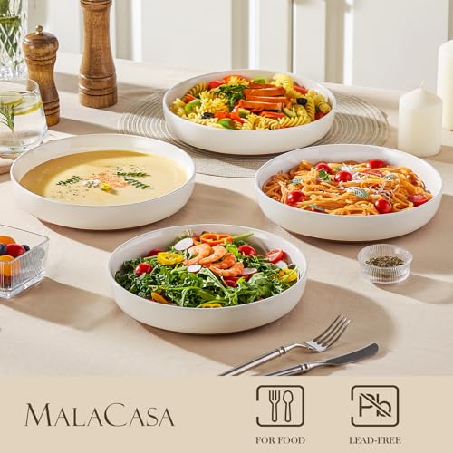 MALACASA 48 Oz Pasta Bowls Set of 4, Ceramic Soup Bowls, TARA Khaki White | Microwave and Dishwasher Safe, Chip-Resistant, For Salad, Soup, Fruit, and Dessert, 9 Inch Wide, Stackable, Modern Design - color: Khaki White