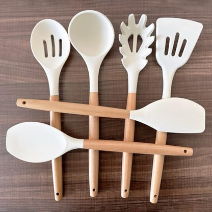 Kitchen Cooking Utensils Set 6Pcs Non-Stick Silicone Kitchen Utensils Spatula Spoon Turner Ladle Pasta Server, Heat Resistant Wooden Handle Silicone Cooking Gadgets Sets for Cookware & Baking - color: White, size: Standard 6-Piece Set
