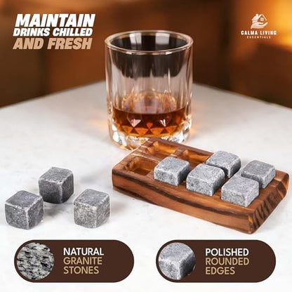 Whiskey Stones Gift Set with 10oz Lead-Free Crystal Whiskey Glass, Reusable Chilling Stones, Velvet Bag & Stainless Steel Tongs – Luxury Wooden Box Gift for Men
