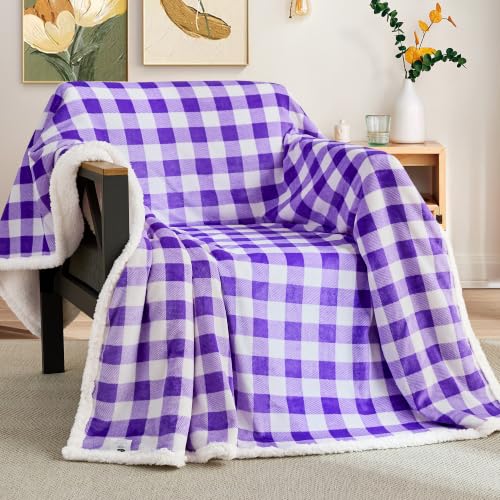 BEAUTEX Christmas Sherpa Fleece Throw Blanket Soft Warm Buffalo Plaid | Plush Blanket & Throw, Winter Cozy Fuzzy for Couch, Sofa, Bed (Purple, 50" x 60") - color: Purple, size: Throw-50"x60"