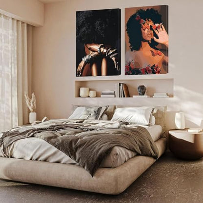 Framed Modern Abstract African American Women Wall Art (Set of 2), Canvas HD Print, Bohemian Black Girl with Energetic Butterfly Decor, Black Inspirational Contemplative Poster, Meditation Inspirational & Trendy Prints, Living Room, Bedroom, Bathroom, Off