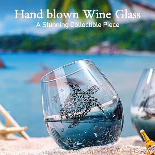 Physkoa Sea Turtle Gifts for Women-13.5oz Sea Turtle Wine Glasses set of 2 - Crackle teal design turtle wine glasses-Hand blown Stemless Wine Glass - turtle lovers Gifts for Birthday，Mothers Day - color: Bluck（2 Count）