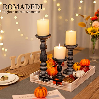 Romadedi Black and Gray Distressed Wood Pillar Candle Holders, Set of 3 | Rustic Farmhouse Wood Candle Set for Mantel, Dining Table Centerpiece, Entryway, Shelf. - color: Black