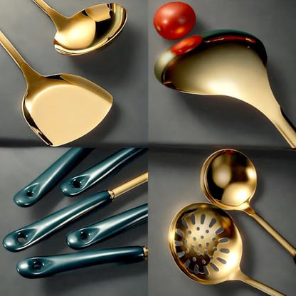 Stainless Steel Gold Kitchen Utensils Set with Holder, 7pcs Luxury Kitchen Accessories for Cooking Includes Soup Ladle, Metal Spatula, Slotted Spoon, Slotted Spatula, Pasta Spoon, Green & Gold - color: Green & Gold