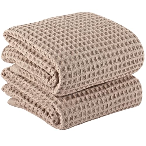 PÜSKÜL 2-Piece Natural 100% Turkish Cotton Waffle Bath Towels Extra-Large | Beige, 32x63" Bath Sheet Towel, Light Soft Absorbent Quick-Dry Lint-Free Premium Honeycomb Weave Oeko-Tex Made in Turkiye - color: Beige