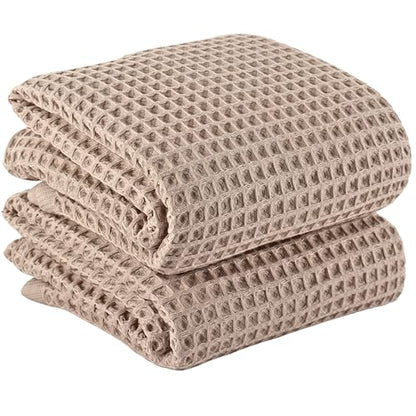PÜSKÜL 2-Piece Natural 100% Turkish Cotton Waffle Bath Towels Extra-Large | Beige, 32x63" Bath Sheet Towel, Light Soft Absorbent Quick-Dry Lint-Free Premium Honeycomb Weave Oeko-Tex Made in Turkiye - color: Beige