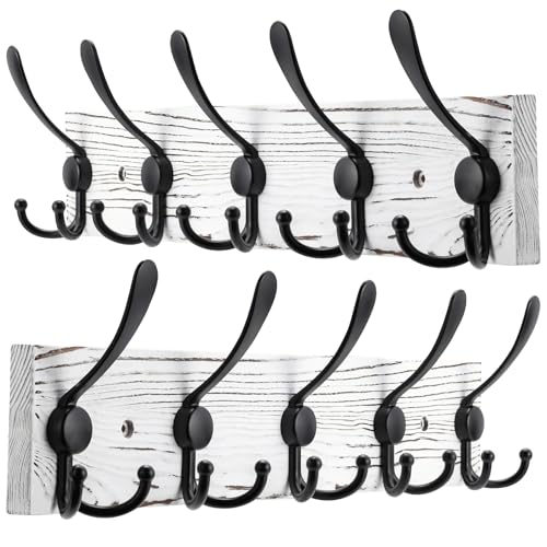 Kuhome 2pcs Coat Rack Wall Mount Wooden Hat Rack for Wall Hooks Pine Real Wood Plank 16.9" Old White Coat Hanger with 5 Black Triple Hooks for Hanging Coat Hat Jacket - color: Old White Plate & Black Hook, size: 2 Items-5 Hooks