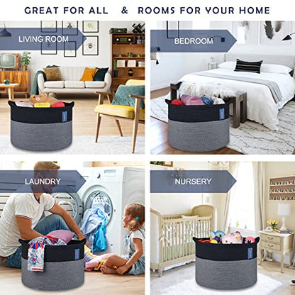 COMSE XXXLarge Woven Blanket & Laundry Basket, 87L, Black & Gray | 21.7" x 13.8", Cotton Rope, Nursery Hamper for Storage of Toys Clothes Towels, Ideal for Living Room Bedroom Bathroom - color: Black & Gray