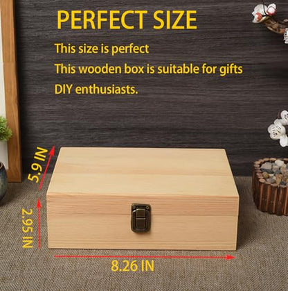 Wooden Box with Hinged Lid - 8x6x3 Inch Unfinished Wood Box for Crafts DIY | Plain Natural Solid Pine Storage Box with Clasp for Jewelry, Art Supplies, Keepsake Desk Organization and Gift Decor
