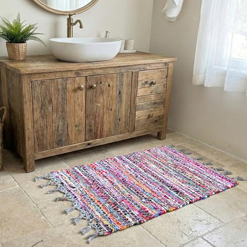 Dimond Chindi with Fringes 2x3 Feet - Multi | Cotton Small Door Mat for Kitchen, Easy Clean Colored Boho Rag Rugs - color: Multi Color, size: 2 x 3 feet
