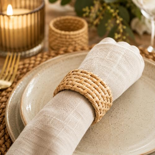 Alpha Living Home Rattan Napkin Rings, Natural, Set of 12 | Handwoven natural cane, 2 in. W x 1.25 in. H, fits cloth napkins, rustic boho style, reusable, weddings & everyday dining - color: Camel Brown, size: 12- Pack
