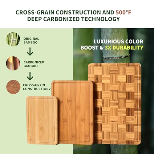 BAMBANG Bamboo Cutting Board for Kitchen with Juice Groove, End-Grain Butcher Block Chopping Boards, Checkered Wooden Cutting Boards Set of 3 with Stand, Knife-Friendly, Serving Tray - color: End Grain