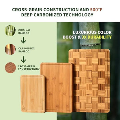 BAMBANG Bamboo Cutting Board for Kitchen with Juice Groove, End-Grain Butcher Block Chopping Boards, Checkered Wooden Cutting Boards Set of 3 with Stand, Knife-Friendly, Serving Tray - color: End Grain