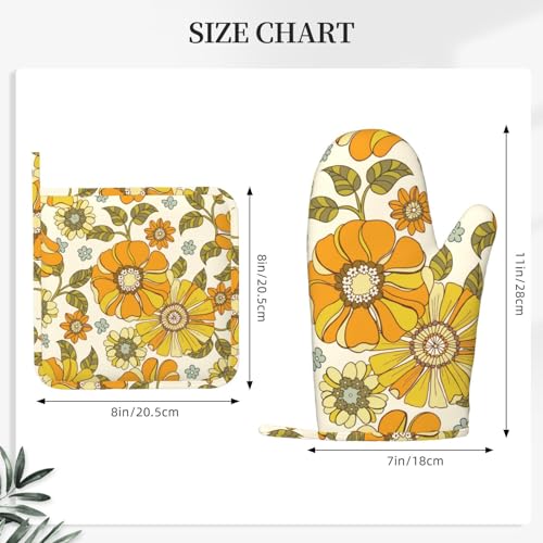 Retro 70s Style Flower Oven Mitts and Pot Holders Sets Silicone Kitchen Mitts Potholders Heat Resistant 4Pcs Oven Gloves Hot Pads for Kitchen Baking Cooking BBQ Grilling - color: Plant Flower