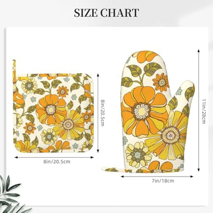 Retro 70s Style Flower Oven Mitts and Pot Holders Sets Silicone Kitchen Mitts Potholders Heat Resistant 4Pcs Oven Gloves Hot Pads for Kitchen Baking Cooking BBQ Grilling - color: Plant Flower