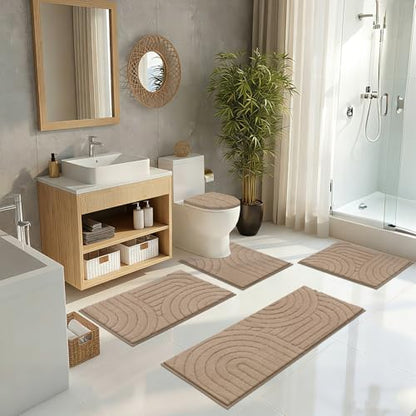 Pauwer Bathroom Rugs Sets 5 Piece, Absorbent Non Slip Bath Mat Set, Beige | Machine Washable, Microfiber Plush, Quick Dry Runner, U Shaped Contour Toilet Rugs, Shower Mats and Toilet Lid Cover - color: Beige