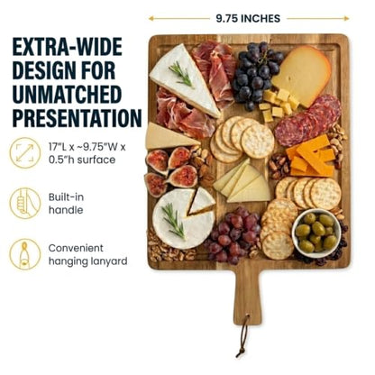Monogrammed Acacia Wood Carving Board | 17" x 9.75" Charcuterie & Cutting Board | Handle with Lanyard | Beveled Edge Design | Custom Initial Wedding Gift - color: Acacia, style: Wide Rectangle Custom Monogram