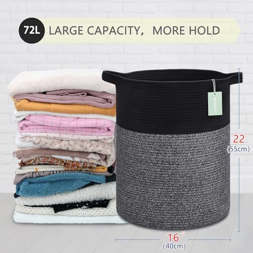 Cotton Rope Blanket Basket, 72L Tall Laundry Hamper, Black & Gray | 16"x 22", Large Collapsible Woven Nursery Hamper with Sturdy Handles for Clothes Toys Towels, Bedroom Living Room Bathroom - color: Black & Gray, size: 72L (16"x22")