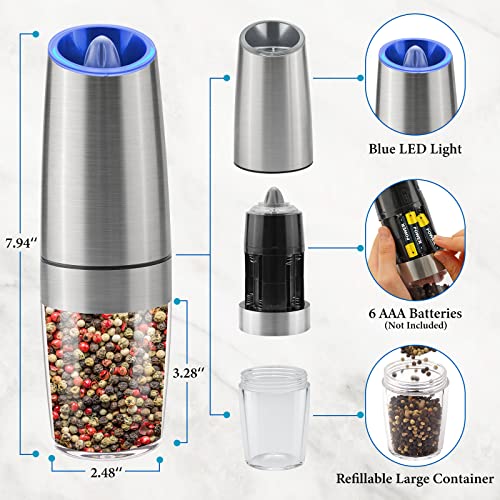 Gravity Electric Salt and Pepper Grinder Set, Battery Powered LED Light One Hand Automatic Operation, Adjustable Coarseness Mill Grinders Shakers Black (G.Silver 1p)