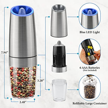 Gravity Electric Salt and Pepper Grinder Set, Battery Powered LED Light One Hand Automatic Operation, Adjustable Coarseness Mill Grinders Shakers Black (G.Silver 1p)