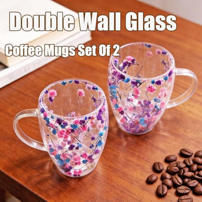 Viovian 13oz Double Wall Glass Coffee Mugs Set of 2 Insulated Glass Coffee Cups with Handles,Clear Dried Flower Tea Mug for Hot Beverages,Tea Cup Women Birthday Gifts - color: 13oz double wall glass mugs set of 2（Starry Sky）