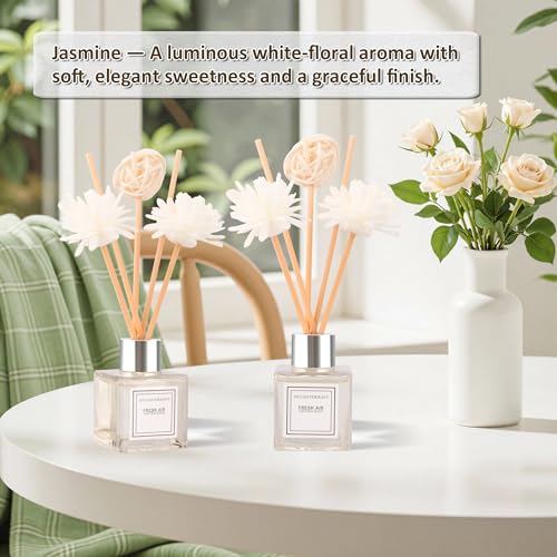 Reed Diffuser Set of 2, Jasmine Scent Oil Diffuser with Sticks for Home Fragrance, Office Living Bedroom Decor, Bathroom Decor and Accessories, Air Fresheners Gift Set, 1.7 fl oz/50ml x 2