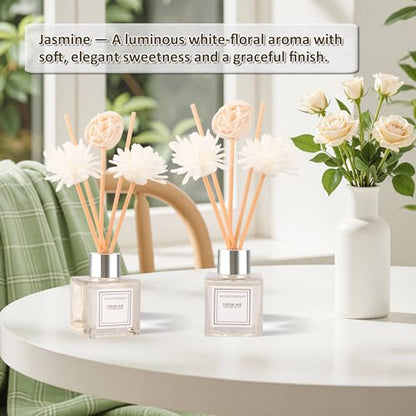 Reed Diffuser Set of 2, Jasmine Scent Oil Diffuser with Sticks for Home Fragrance, Office Living Bedroom Decor, Bathroom Decor and Accessories, Air Fresheners Gift Set, 1.7 fl oz/50ml x 2