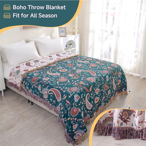 100% Cotton Boho Throw Blanket for Bed White Flowers 90"x98" | 4-Layer Gauze Breathable Double-sided Muslin Blanket,Soft Lightweight All Season Quilt with Fringe,Multi-purpose Blanket - color: Cashews, size: 90"x98"