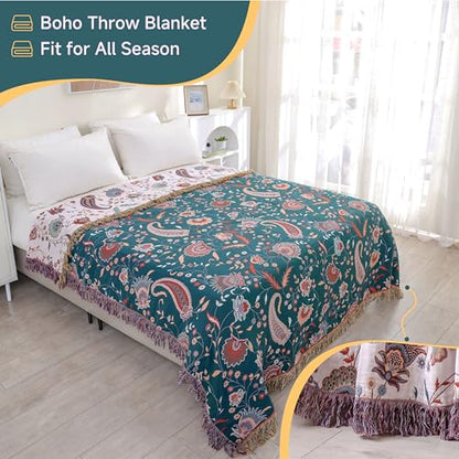 100% Cotton Boho Throw Blanket for Bed White Flowers 90"x98" | 4-Layer Gauze Breathable Double-sided Muslin Blanket,Soft Lightweight All Season Quilt with Fringe,Multi-purpose Blanket - color: Cashews, size: 90"x98"