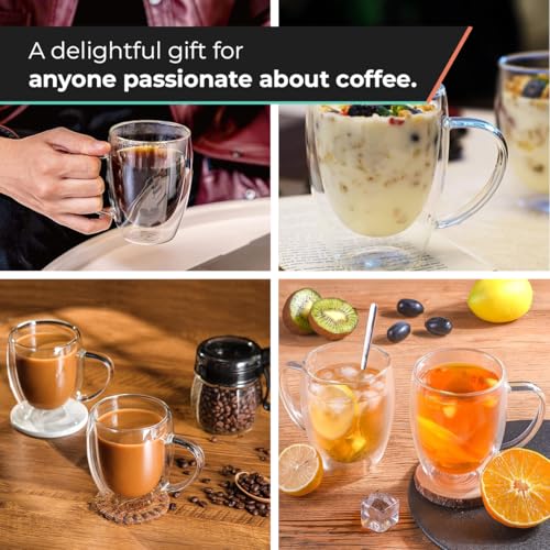 12 Oz Double Wall Borosilicate Insulated Glass Coffee Mug Set of 4, 350ml Coffee Cups with Handle for Cappuccino, Tea, Latte - Perfect Cappuccino Cup Gift - color: 4 pcs 12 oz