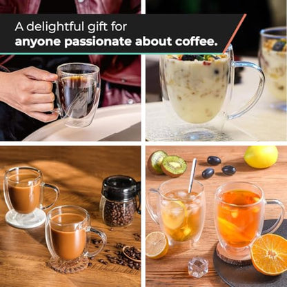 12 Oz Double Wall Borosilicate Insulated Glass Coffee Mug Set of 4, 350ml Coffee Cups with Handle for Cappuccino, Tea, Latte - Perfect Cappuccino Cup Gift - color: 4 pcs 12 oz
