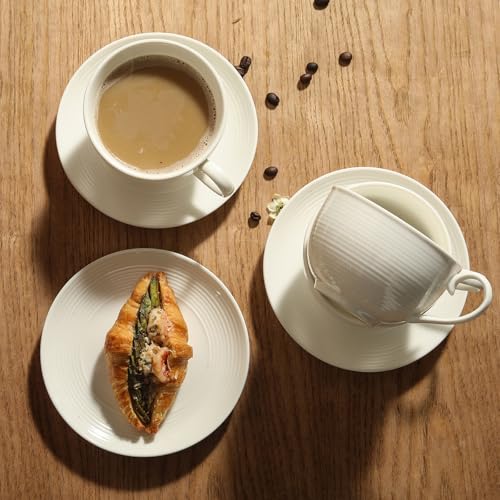 12 oz Cappuccino Cups with Saucers, Ceramic Espresso Coffee Cups Set of 4, White Latte Cup and Saucer, Elegant Tea Mugs Set, Microwave Dishwasher Safe Drinkware for Cafe, Housewarming Gift - color: A - 12oz