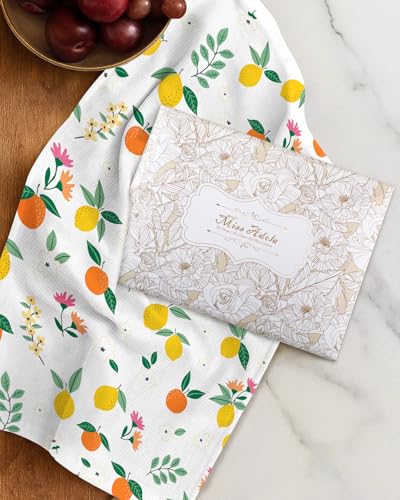 2pcs Cotton Waffle Kitchen Towels, Citrus | Waffle Weave, Terry Cloth, Pure Cotton, Sustainable, 16"x26", Highly Absorbent, with Hanging Loop, Giftable Package - color: Citrus