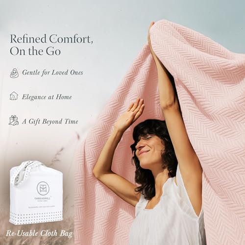 Threadmill Luxury Cotton Blankets for Queen Size Bed | All-Season 100% Cotton Queen Size Blanket | Herringbone Cozy, Soft Breathable Fall Thermal Blanket fits Full Size Bed | English Rose | 100% Cotton, Herringbone Pattern, 90x92 in, Breathable, All-Seaso