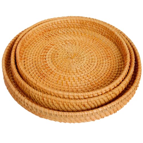 Woven Storage Basket Set 3 Pack, Round Decorative Serving Trays with Autumn Vine, Handcrafted Nesting Bowls for Fruit Bread Display, Rustic Home Decor for Table Organization